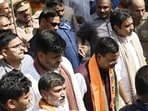 BJP state president Pankaj Chaudhary leading party’s protest march in Lucknow on Wednesday. (Deepak Gupta/HT)