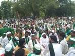 Bharatiya Kisan Union (BKU) Tikait faction’s “’Dera Dalo, Ghera Dalo Kisan Samman Mahapanchayat” at the protest site near the All Saint’s Cathedral in Civil Lines on Tuesday. (ANil Kumar Maurya/HT Photo)