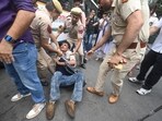 Delhi Police carry out lathicharge on protesters during the Chalo Sansad march on Monday. (RAJ K RAJ /HT PHOTO) Delhi Police carry out lathicharge on protesters during the Chalo Sansad march on Monday. (RAJ K RAJ /HT PHOTO)