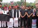 Leader of Opposition in Lok Sabha Rahul Gandhi, Congress MPs KC Venugopal and Priyanka Gandhi Vadra, Samajwadi Party (SP) MPs Akhilesh Yadav, Dharmendra Yadav and Awadhesh Prasad and other opposition leaders stage a protest wearing black clothes to express solidarity with students protesting against the NEET paper leak issue, during the Monsoon session of Parliament, in New Delhi.(PTI)