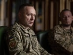 New commander-in-chief of Ukraine's Armed Forces Mykhailo Drapatyi looks on during his meeting with Ukrainian President Volodymyr Zelenskyy in Kyiv, 