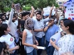 Students during the protest at Sector 17 Plaza for the third day. (Keshav Singh/HT)