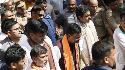 BJP state president Pankaj Chaudhary leading party’s protest march in Lucknow on Wednesday. (Deepak Gupta/HT) BJP state president Pankaj Chaudhary leading party’s protest march in Lucknow on Wednesday. (Deepak Gupta/HT)