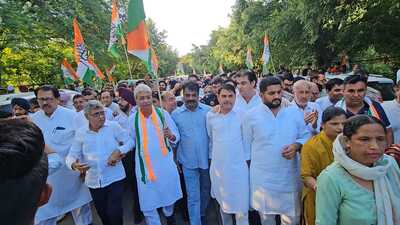 Haryana Congress chief Rao Narendra Singh leading a protest against the central government in Panchkula on Wednesday. Haryana Congress chief Rao Narendra Singh leading a protest against the central government in Panchkula on Wednesday.