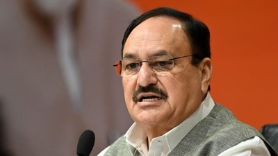 Union Minister JP Nadda holds a press conference in New Delhi amid CJP's protest over exam paper leaks. (HT/Sanchit Khanna)