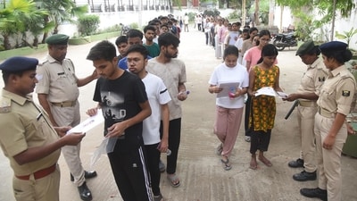 Candidates appear for NEET-UG exam. TVK demanded the cancellation of the medical entrance exam. (Santosh Kumar/Hindustan Times)