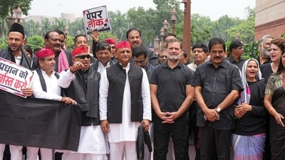 Leader of the Opposition in Lok Sabha Rahul Gandhi, Congress MPs KC Venugopal and Priyanka Gandhi Vadra, Samajwadi Party (SP) MPs Akhilesh Yadav, Dharmendra Yadav and Awadesh Prasad and other opposition leaders stage a black-clad protest to express their solidarity with students protesting over the NEET papers leak issue, during the monsoon session of Parliament, in New Delhi. (PTI) Leader of the Opposition in Lok Sabha Rahul Gandhi, Congress MPs KC Venugopal and Priyanka Gandhi Vadra, Samajwadi Party (SP) MPs Akhilesh Yadav, Dharmendra Yadav and Awadesh Prasad and other opposition leaders stage a black-clad protest to express their solidarity with students protesting over the NEET papers leak issue, during the monsoon session of Parliament, in New Delhi. (PTI)