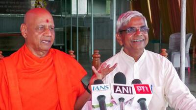 Shri Ram Janmabhoomi Teerth Kshetra Trust Govind Dev Giri and interim general secretary Krishna Mohan briefing the media in Ayodhya on Wednesday. (ANI VIDEO GRAB) Shri Ram Janmabhoomi Teerth Kshetra Trust Govind Dev Giri and interim general secretary Krishna Mohan briefing the media in Ayodhya on Wednesday. (ANI VIDEO GRAB)