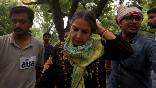 On Monday, Shabana Azmi joined a planned march by supporters of India's Cockroach Janta Party towards the Parliament on the opening day of its monsoon session. REUTERS/Bhawika Chhabra