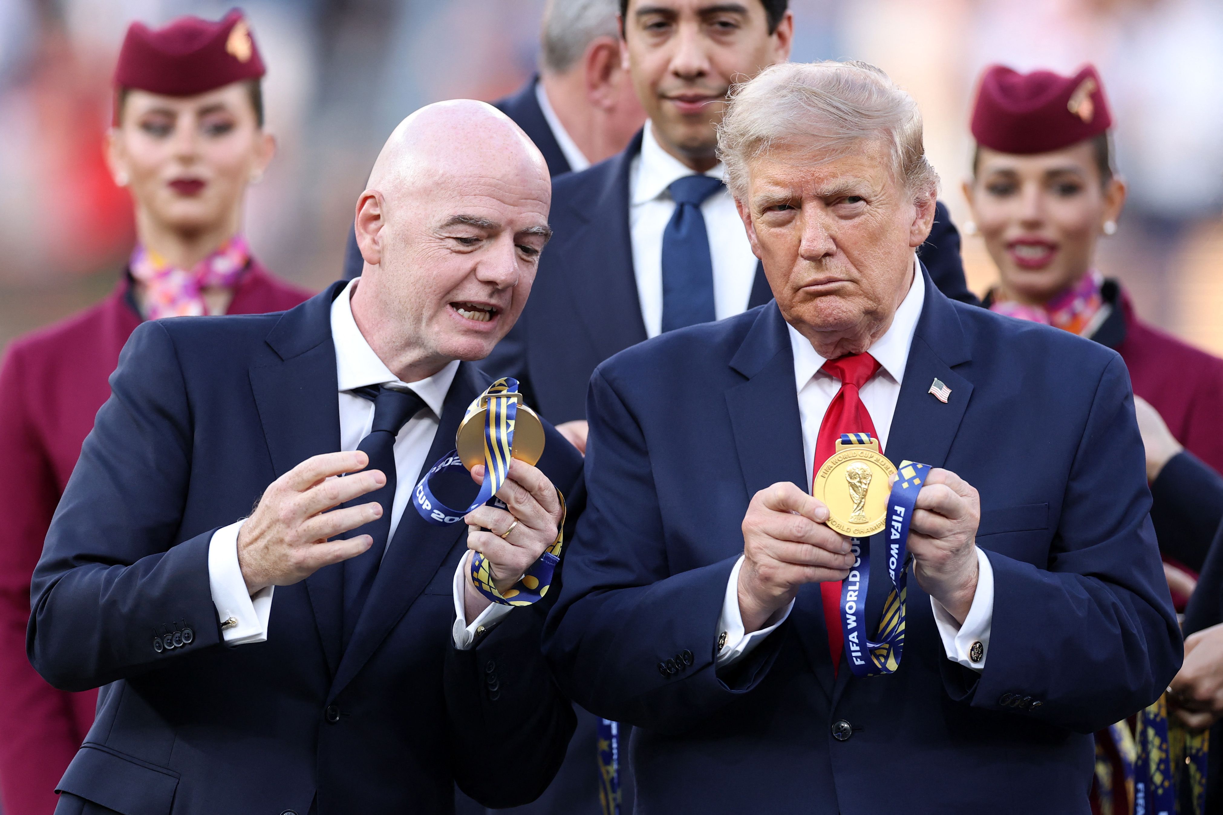 FIFA President Gianni Infantino and U.S. President Donald Trump watch the medal at the award ceremony following the FIFA World Cup 2026 Final match (Getty Images via AFP) FIFA President Gianni Infantino and U.S. President Donald Trump watch the medal at the award ceremony following the FIFA World Cup 2026 Final match (Getty Images via AFP)