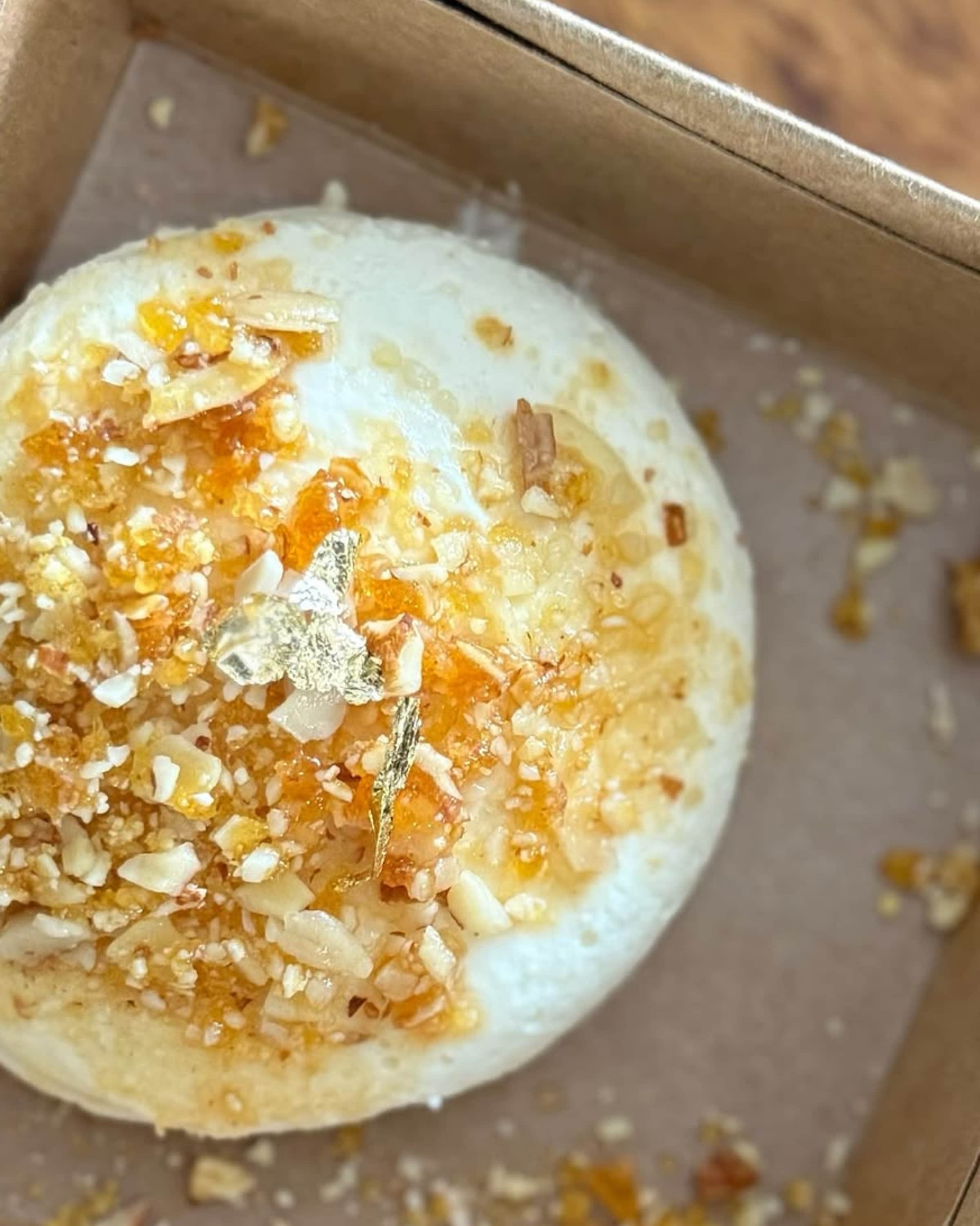 A sweet finale: Jaggery cheesecake topped with salted almond toffee brittle and edible gold leaf. (Pic: veenaamanjunath and shoyu.blr) A sweet finale: Jaggery cheesecake topped with salted almond toffee brittle and edible gold leaf. (Pic: veenaamanjunath and shoyu.blr)
