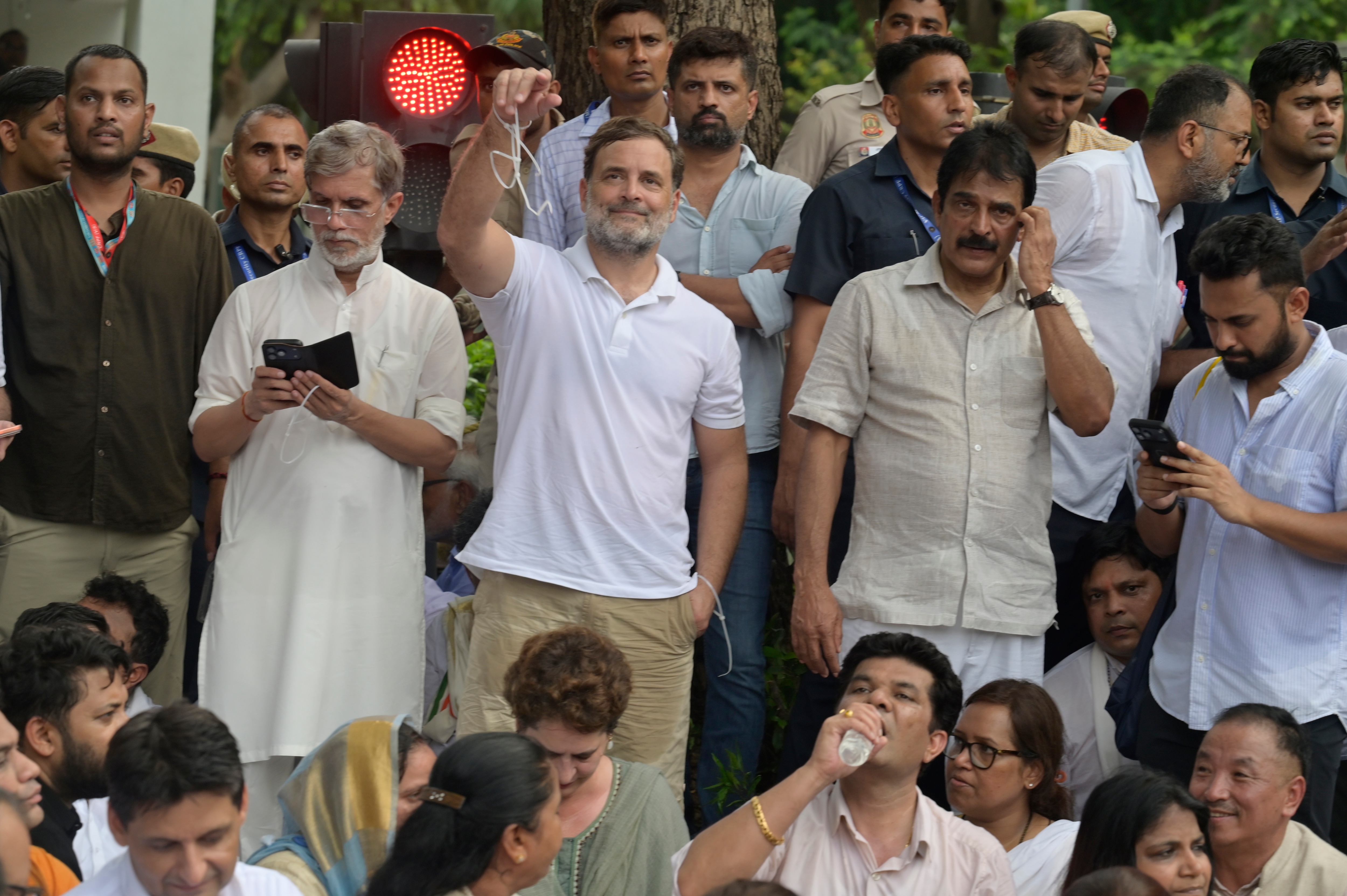 Delhi Police LOP Rahul Gandhi is arrested along with Priyanka Gandhi Vadra and Akhilesh Yadav during a protest against the central government demanding the resignation of Union Minister Dharmendra Pradhan at the Prime Minister's Residence in New Delhi, India, on Tuesday, July 21, 2026. (Photo by RAJ K RAJ / Hindustan Times)