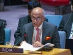 Permanent Representative of India to the United Nations Parvathaneni Harish speaks at United Nations Security Council session.