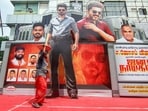 Giant cut-outs and banners installed by fans as actor-politician and Tamil Nadu Chief Minister Vijay's film Jana Nayagan opened to packed houses, in Chennai on Wednesday. (ANI Photo)