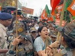 BJP workers protest outside Jharkhand Public Service Commission office in Ranchi on Wednesday. (HT Photo)