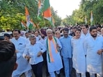 Haryana Congress chief Rao Narendra Singh leading a protest against the central government in Panchkula on Wednesday.