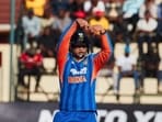India's Vaibhav Sooryavanshi gestures as he celebrates 50 runs during the first match in the One Day International cricket series played between Zimbabwe and India at Harare Sports Club on July 23. (AFP)