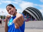 Indian boxer Lovlina Borgohain poses after a training session for the Glasgow Commonwealth Games 2026, at the SEC Centre in Glasgow, Scotland