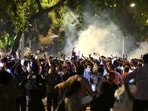 Protesters and security personnel clashed at Sansad Marg, near The Park hotel, on Wednesday evening. (Hindustan Times/Ishant Chauhan)
