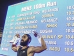 Ranchi: Sprinter Gurindervir Singh poses for photographs after he recorded a 10.09s finish in the 100 meter event to shatter the national record during National Senior Federation Competition at Birsa Munda Football Stadium, in Ranchi, Jharkhand, Saturday, May 23, 2026. (PTI Photo) (PTI05_24_2026_000296B) (PTI)