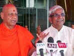 Shri Ram Janmabhoomi Teerth Kshetra Trust Govind Dev Giri and interim general secretary Krishna Mohan briefing the media in Ayodhya on Wednesday. (ANI VIDEO GRAB)