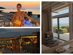 The property featured calming beige interiors and serene outdoor spaces illuminated by warm lighting.