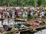Tribals and farmers affected by the Ken-Betwa river-linking project stage a symbolic Chita Andolan (pyre protests), Jal Satyagraha and hanging satyagraha by placing nooses around their necks, over their demands of better compensation and rehabilitation, in Chhatarpur district, Madhya Pradesh. The 15-day protest ended after police removed them from site.(PTI)