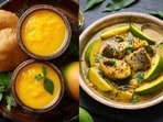 Aam ras puri and Masor Tenga with raw mango