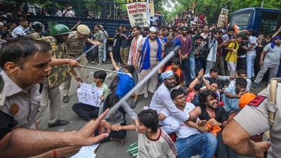 Security personnel carry out Lathi charge during CJP protest March to near the Parliament House, in New Delhi, India, on Monday, July 20, 2026. (Photo by RAJ K RAJ / Hindustan Times) Security personnel carry out Lathi charge during CJP protest March to near the Parliament House, in New Delhi, India, on Monday, July 20, 2026. (Photo by RAJ K RAJ / Hindustan Times)