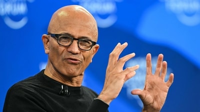 Microsoft CEO Satya Nadella announced the MAI artificial intelligence strategy. (Photo by Fabrice Coferini/AFP) (AFP)