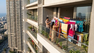 Mumbai real estate: Across several premium residential developments, from Worli and Bandra to Powai and Lower Parel, housing societies have introduced rules prohibiting residents from drying clothes or towels in balconies or outside windows. (Picture for representational purposes only) (Gemini Generated Photo ) Mumbai real estate: Across several premium residential developments, from Worli and Bandra to Powai and Lower Parel, housing societies have introduced rules prohibiting residents from drying clothes or towels in balconies or outside windows. (Picture for representational purposes only) (Gemini Generated Photo )