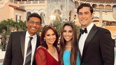 Brandon Gill and his wife Danielle D'Souza with her parents, Dinesh D'Souza (left) and his wife. (X | @KarthikForTexas)
