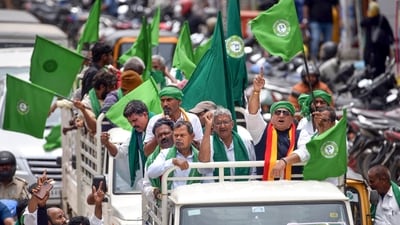 Farmers take out a rally during the observance of Raitha Shaheed Dinacharane (Farmer Martyrs' Day), while protesting over various demands, in Chikkamagaluru, Karnataka. (PTI) Farmers take out a rally during the observance of Raitha Shaheed Dinacharane (Farmer Martyrs' Day), while protesting over various demands, in Chikkamagaluru, Karnataka. (PTI)