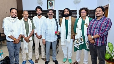 Jharkhand CM Hemant Soren in a group picture with directors and artists from the state, after the inauguration of the Jharkhand Film and Television Institute, in Ranchi, Wednesday. (PTI)