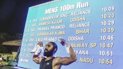 Ranchi: Sprinter Gurindervir Singh poses for photographs after he recorded a 10.09s finish in the 100 meter event to shatter the national record during National Senior Federation Competition at Birsa Munda Football Stadium, in Ranchi, Jharkhand, Saturday, May 23, 2026. (PTI Photo) (PTI05_24_2026_000296B) (PTI) Ranchi: Sprinter Gurindervir Singh poses for photographs after he recorded a 10.09s finish in the 100 meter event to shatter the national record during National Senior Federation Competition at Birsa Munda Football Stadium, in Ranchi, Jharkhand, Saturday, May 23, 2026. (PTI Photo) (PTI05_24_2026_000296B) (PTI)