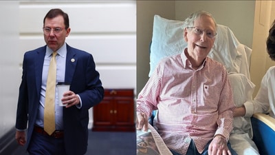 Rep. Tom Kean Jr., a Republican from New Jersey, declined to comment on the long absence of Sen. Mitch McConnell, whose health has been under scrutiny since he was hospitalized on June 14. (Handout provided by Tierney L. Cross/Bloomberg and Sen. Mitch McConnell’s Office/Reuters.)