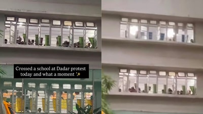 School students cheer for protesters during the Dadar protest in Mumbai. (Instagram/@prawnchilli) School students cheer for protesters during the Dadar protest in Mumbai. (Instagram/@prawnchilli)