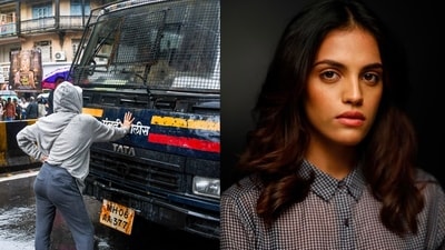 Rhiya Ahir remained in front of the van until, according to her, the officers gave in and released the protesters. (Ashish Vaishnav/HT)