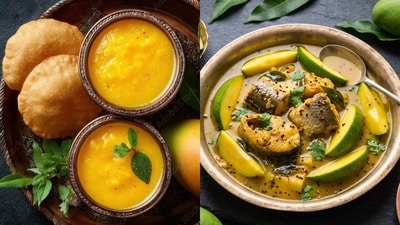 Aam ras puri and Masor Tenga with raw mango Aam ras puri and Masor Tenga with raw mango