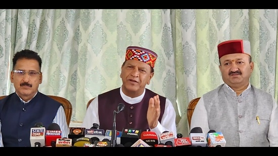 BJP’s Himachal Pradesh president Rajiv Bindal during press conference in Shimla on Thursday. (Deepak Sansta/HT)