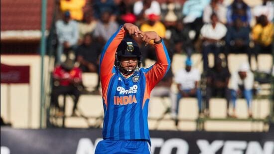 India's Vaibhav Sooryavanshi gestures as he celebrates 50 runs during the first match in the One Day International cricket series played between Zimbabwe and India at Harare Sports Club on July 23. (AFP)