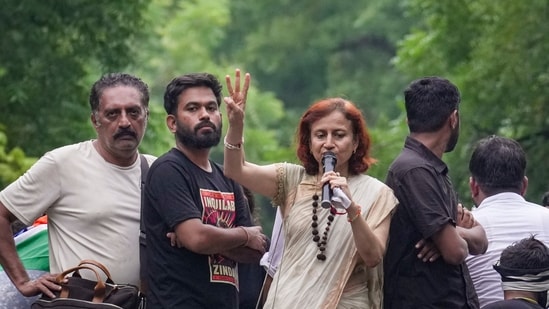 Actor Prakash Raj look on during a march from Jantar Mantar towards Parliament demanding the resignation of Union Education Minister Dharmendra Pradhan over alleged irregularities in the NEET examination, in New Delhi on Monday.(PTI)