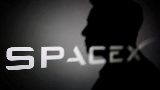 The silhouette of Elon Musk and SpaceX logo are seen in this illustration.