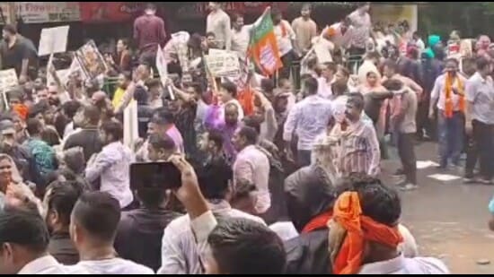 The ruling BJP in Chhattisgarh held a protest and attempted to gherao the state Congress headquarters on Wednesday in protest against Leader of Opposition Rahul Gandhi’s demonstration outside Prime Minister Narendra Modi’s residence in New Delhi. (Videograb)