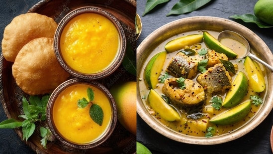 Aam ras puri and Masor Tenga with raw mango