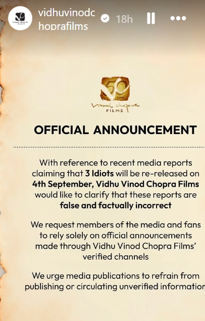 Vidhu Vinod Chopra's announcement. Vidhu Vinod Chopra's announcement.