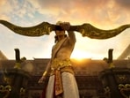 Ranbir Kapoor as Lord Rama lifting the bow at Sita's swayamvar. 