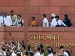 Lok Sabha LoP Rahul Gandhi and other MPs at the Parliament premises during the ongoing monsoon session, in New Delhi.