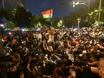 Protestors at Jantar Mantar amid heavy police deployment in New Delhi on Thursday.