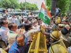 During the protest, a minor scuffle broke out at the main gate of the secretariat when the protesters. (Parveen Kumar/HT)